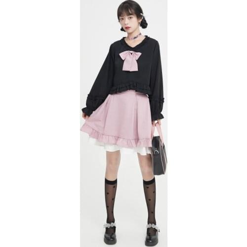 Original Design Little Fairy Fall Cute Womens Girls Long Sleeve Shirt with Bow & Double Layers Skirt