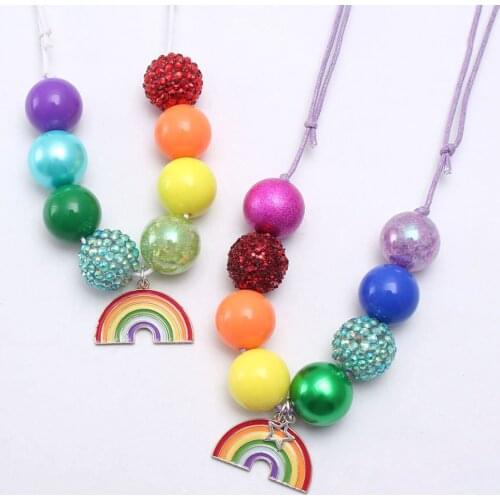 MHS.SUN Baby Girls Adjustable Rope Necklace Fashion Rainbow Pendant Colorful Beads Necklace Child Kids Chunky Bubblegum Jewelry