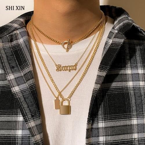 SHIXIN Layered Chain Lock/Letter Pendant Necklace for Men/Women Fashion Padlock Necklace Set 2021 Jewelry for Neck Choker Collar