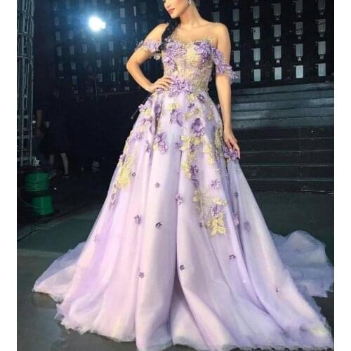 Prom Dresses Long Off The Shoulder 3D Flowers Appliques Tulle Celebrity Evening Gowns Formal Dress Party Wear Vestidos de Festa