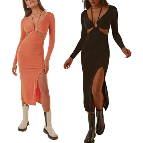 Women Solid Color Halter Dress, Long Sleeve Deep V-neck Side Split Hollow Out Long Dress dresses woman summer 2021