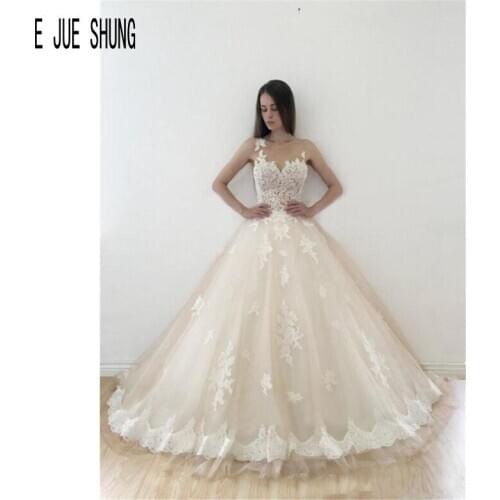 E JUE SHUNG Glamorous Ball Gown Sleeveless Wedding Dresses Sheer Neck Covered Button Lace Appliques Bridal Gowns robe de mariee