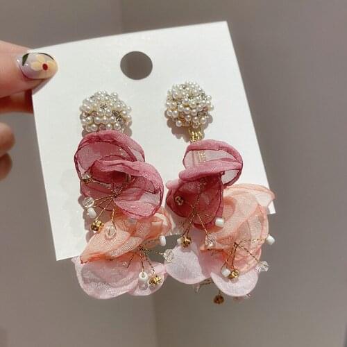 Minar Fairy Shiny Imitation Pearls Crystal Flower Earrings for Women Pink Cloth Floral Big Dangle Earrings Personality Jewelry