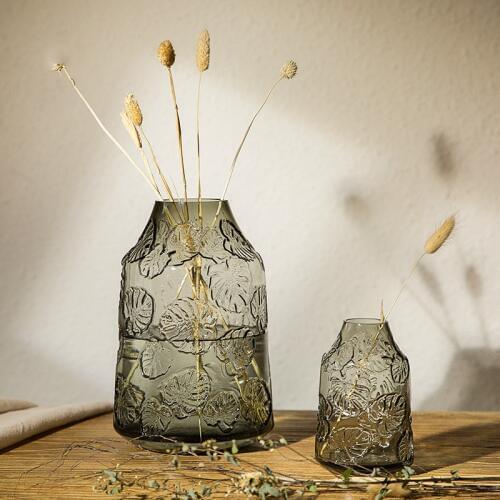 Nordic Retro Embossed Bottle Glass Vase Model Room Decoration Flower Arrangement Hotel Decoration