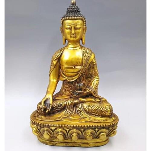 Collect exquisite brass handicraft handheld a lotus Sakyamuni Buddha statue