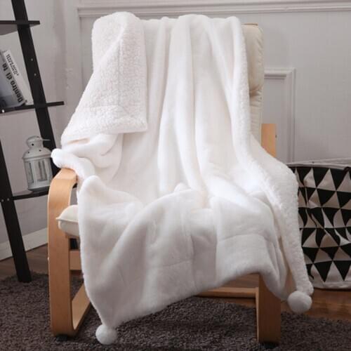 Super Soft Faux Rabbit Hair White Throw Blanket for Girls Gift Cozy Couch Blanket with Pom Poms