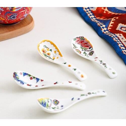Bohemian Ceramic Large Spoon Household Tableware Soup Long Handle Print Spoons Ложки Utensilios De Cocina ملاعق Деревянная Посуд