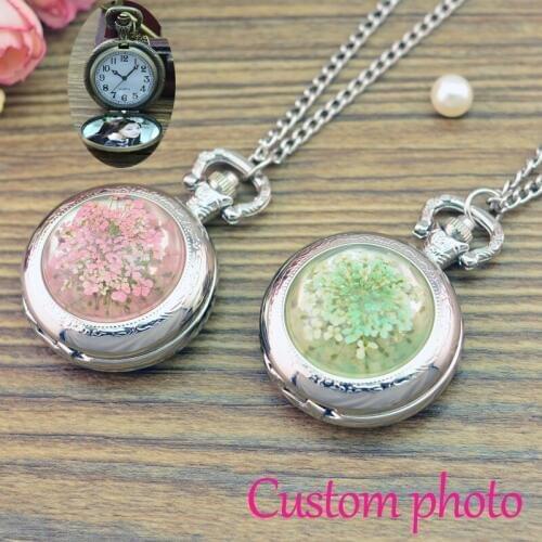 Vintage Silver Color Jewelry Newest Dry Flower Statement Necklace & Pendants Women pocket watch accept Customized photo
