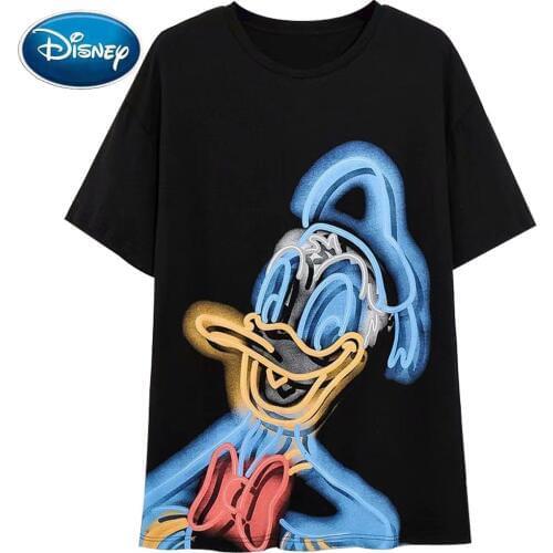 Disney T-Shirt Fashion NEON Graffiti Donald Duck Cartoon Print Women T-Shirt O-Neck Short Sleeve Cotton Tee Tops Female Black