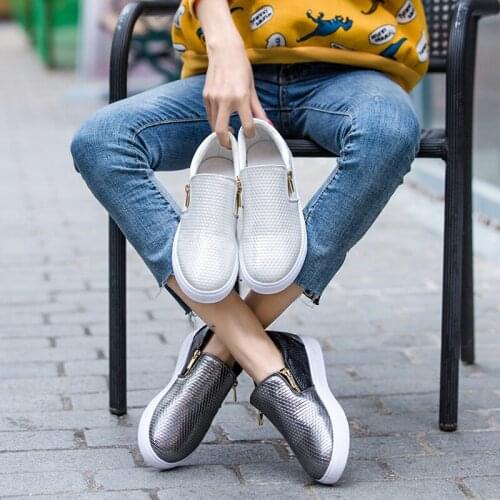 2019 spring leather loafers womens fashion flat shoes white shoes side zipper anti-skid flat gray shoes female LL-51