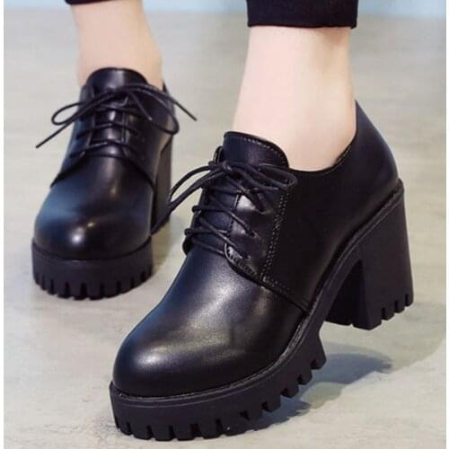 LIHUAMAO women shoes block heels lace up round toe platform ladies dress shoes party office career work footwear sneaker