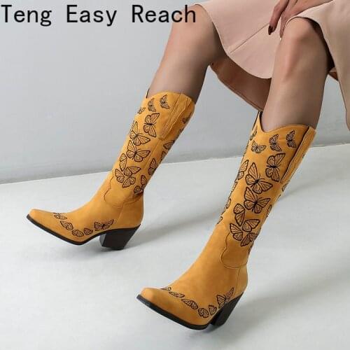 Nude Suede Embroidered Butterfly Yellow Tan Boots Women Pointy Toe Hoof Heels Autumn 2021 Mid-calf Botas Knight Western