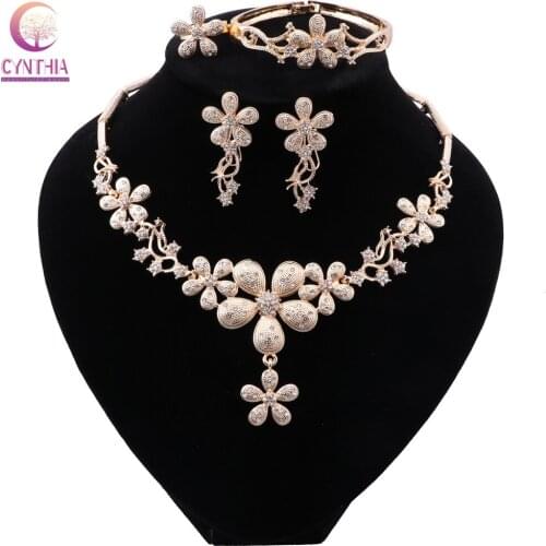 CYNTHIA Fashion African Women Costume Jewelry Set Nigerian Wedding Flower Design Necklace Earrings Set Dubai Gold Jewelry set