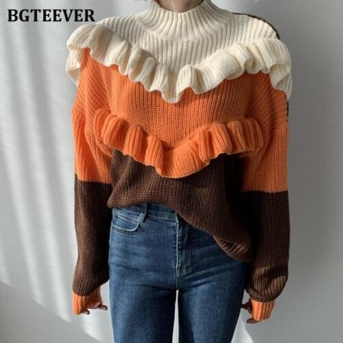 BGTEEVER Chic Half-turtleneck Womens Sweater Jumpers Streetwear Ruffles Patchwork Knitwear Multicolor Female Knitted Pullovers