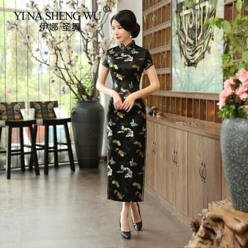 Wedding New Long Tang Dress Stain Cheongsam Woman Print Sexy Cheongsam Elegant Slim Short-Sleeved Kimono Retro Dance Cheongsam