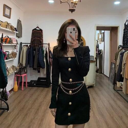 Spring 2021 new womens fashion web celebrity star same style thin Single breasted square neck short dress waist with chain