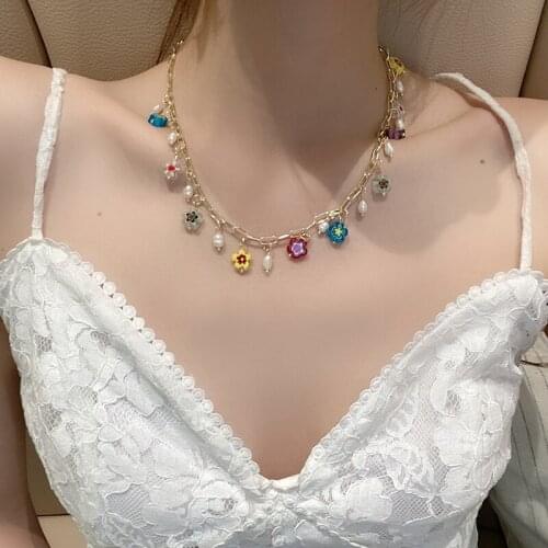 Women jewelry fashion necklaces 2021 colorful flower tassel pearl stitching necklace candy color clavicle chain female