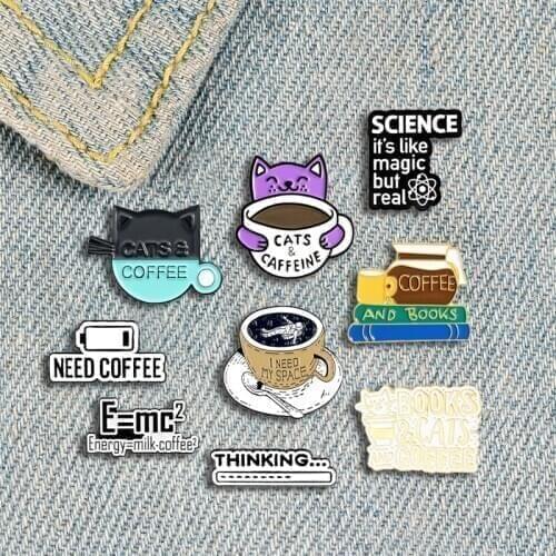 I Love Coffee Badge Creative Cartoon Cat Books Astronaut Coffee Enamel Brooch Trendy Personality Lapel Backpack Jewelry Gift