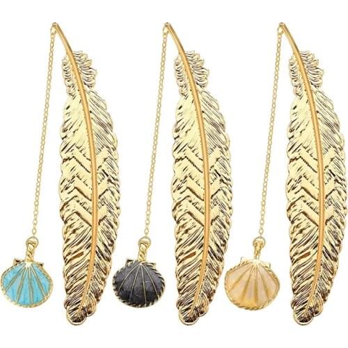 PPYY-3Pcs Metal Feather Shaped Bookmarks Gold Feather Book Marks with Shell Pendant Cute Pendant Feather Bookmark School Home
