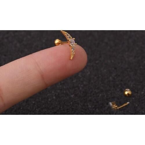 1 PCS Cute Micro Pave CZ Moon Shape Ear Cartilage Piercing Stud Earring Gold Color Steel Bar Ball Earring Ear Helix Jewelry
