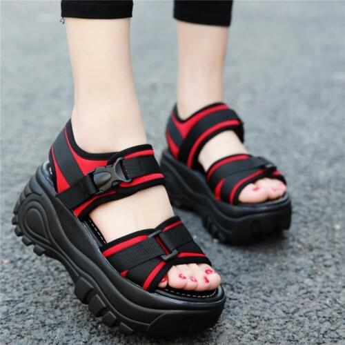 Harajuku Chunky Sandals Women Platform Wedges Summer Shoes Fashion Gothic Black Red Matching Buckle Open-toe Casual Sandals 2021