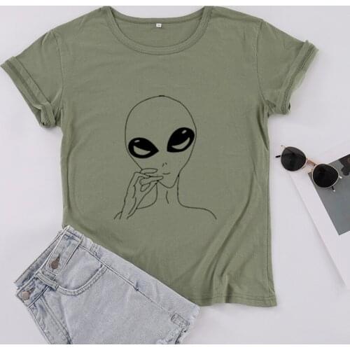 Alien Cigarette Smoking Fashion Casual Shirt Womens Short Sleeve 100% Cotton Funny Letter Print Graphic O Neck Plus Size Tshirt