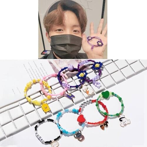 1 pc kpop Colorful Beads Bracelet Cartoon Animals Elastic Bracelet Handmade Jewelry bangtan boys Jhope for Girls
