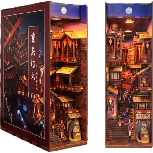 Bookend DIY Book Nook Shelf Insert Kits Model With Light Handmade Chinese City Building Miniature Furniture Roombox Toys Gifts