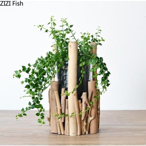 Creative Handmade Wooden Hydroponic Glass Vase Living Room Dining Table Plant Flower Decor Handicraft Soil Culture Flower Vases