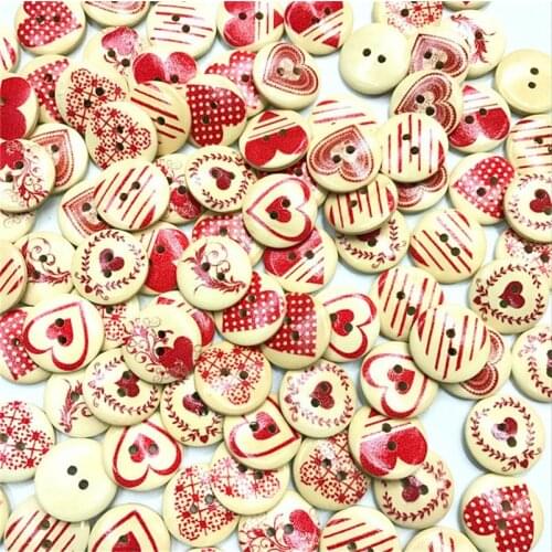 250PCS Mix Love Heart Pattern Round Wooden Buttons Handmade Accessories Decoration Sewing Scrapbooking Crafts DIY 15mm 20mm