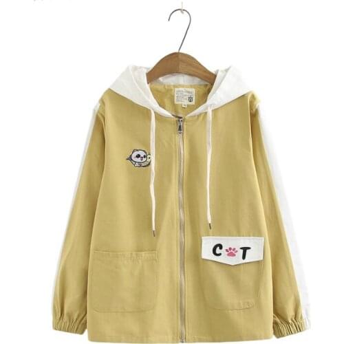Cartoon Cat Embroidery Zipper Hooded Jacket For Women Casual Loose Cotton Jackets Double Pockets Coat Outerwear