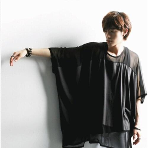 Summer cool bat shirt Korean version of the same men and women tide mens casual wear perspective yarn patchwork stage performan