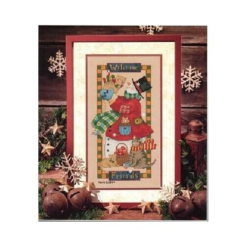 COTTON Lovely Counted Cross Stitch Kit Frostys Welcome Friends Snowman Snow Kitty Cat Kitten Cats dim 356 00356