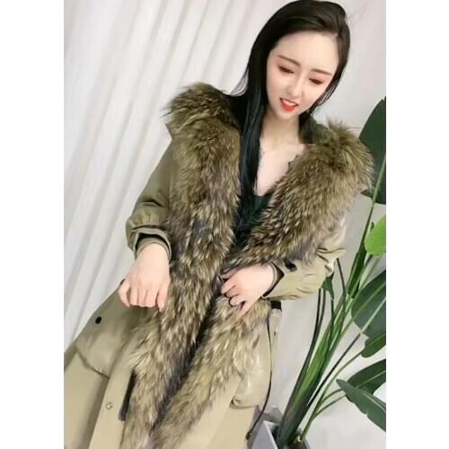 New Fashion Women Long Parka Real Rabbit Fur Lined Coat Winter Jacket Real Raccoon Fur Collar Hooded Warm