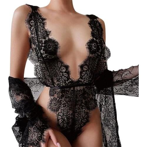 Sexy Lingerie Sleepwear Lace Floral See-through Underwear Teddie Bodysuits Backless Slim Deep V-Neck Female Erotic Lingerie