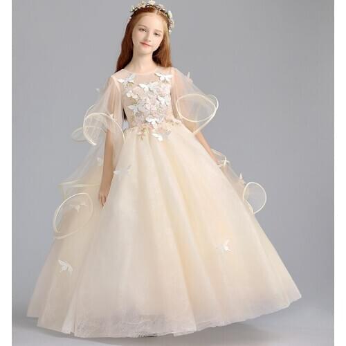 Flower Girl Dresses Appliques Sequined O-Neck Princess Luxury Champagne Floor-Length Lace Tulle Embroidery Kids Party Gown H158
