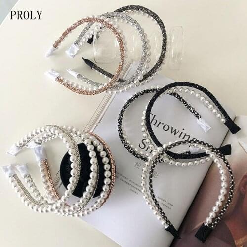 PROLY New Fashion Headband For Women Pearls Rhinestone Hairband Shining Handmade Fresh Headwear Spring Casual Hair Accessories