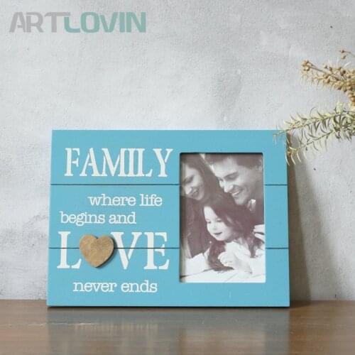 Family Photo Frames For Pictures Wooden 6 Inch Blue Photo Frame Set Wall Decor Hanging Ornaments Home Decor Love Letter Printing