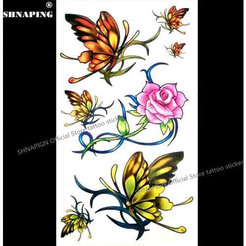 SHNAPIGN yellow green butterfly Temporary Tattoo Body Art Arm Flash Tattoo Stickers 17*10cm Waterproof Fake Henna Painless