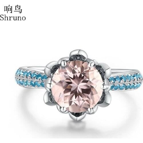 Shruno Solid 10K White Gold Flawless Round 8mm Genuine Morganite Blue Diamonds Engagement Wedding Gemstone Fine Jewelry Ring
