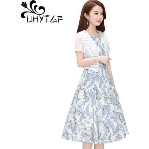 UHYTGF Summer two-piece dress women fashion lace shawl short coat With sleeveless dress elegant set women 4XL plus size trend813