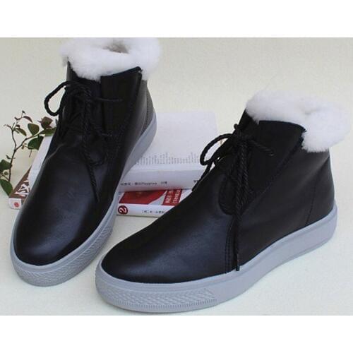 Winter Boots Women Platform Wool Fur Boots 100% Genuine Leather Lace up Black Boots Winter Shoes Ladies Ankle Boots (83079)