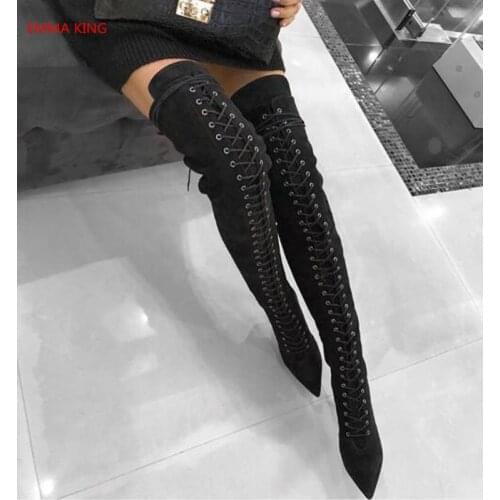2020 Women Boots Fashion Suede Women Over The Knee Boots Lace Up Sexy High Heels Shoes Woman Slim Thigh High Boots Botas Mujer