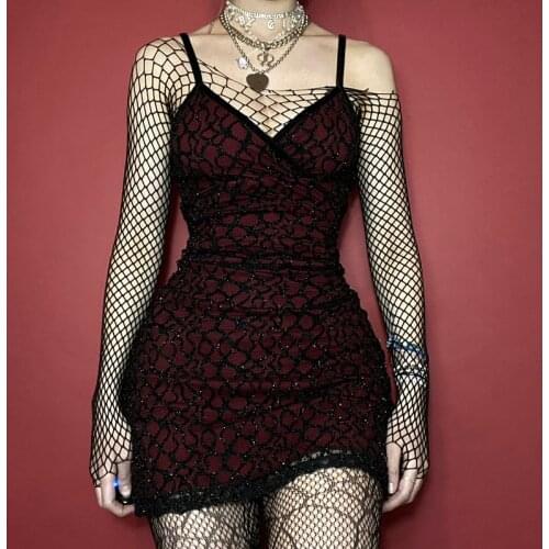 Goth Dark Academia Sexy High Waist Woman A Line Dress Grunge Gothic V Neck Mesh Y2K Spaghetti Strap Dress Egirl Emo Alt Clothes