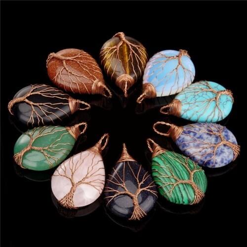 12PCS Merkaba TearDrop Natural Stone Wire Wrap Tree of Life Pendant Necklace for Women Quartz Crystal Collar Reiki Jewelry Free