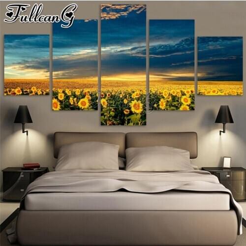FULLCANG Sunflower landscape 5 piece diy diamond painting full square round drill mosaic embroidery sale home decoration FC2903