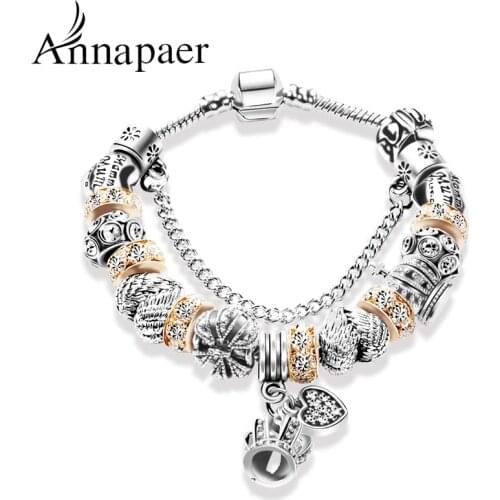 ANNAPAER Hot Selling Crown Charm Bracelets & Bangles for Women Pulseras Mujer Crystal Beads fit Bracelet DIY Jewelry Gift B15325