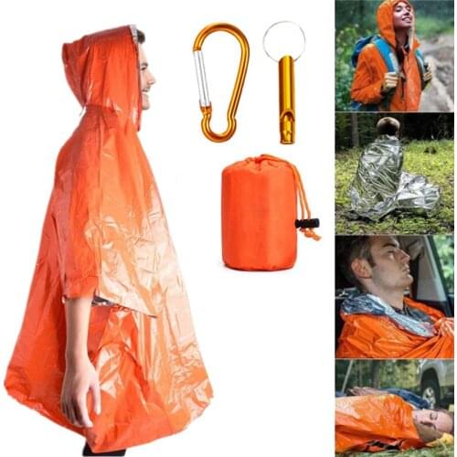 Emergency Blanket Aluminum Film Poncho Raincoat Outdoor Survival Tool Warmer Blanket With Whistle Camping Equipment Survival Kit