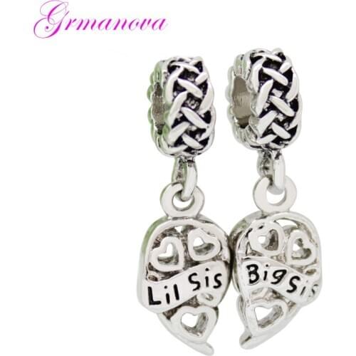 Big Sis & Little Sis Pendant Stitching Heart Shape Love European Big Hole Charm Beads Fit Pandora Bracelet Womens DIY Jewelry