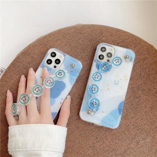 Blue Cow Print Glitter Smile Phone Case for IPhone 12 11 Pro Max X XS XR 7 8 Plus SE2020 Soft Cover with Smile Face Bracelet